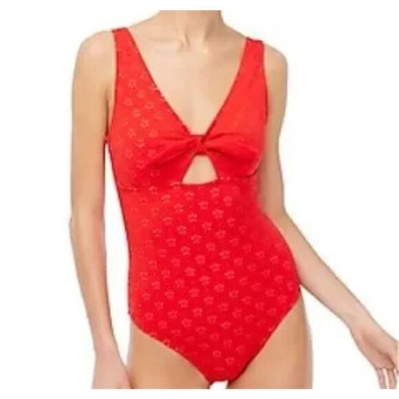 J. CREW FACTORY swimsuit | red eyelet tie front cut out | size medium - Picture 2 of 11
